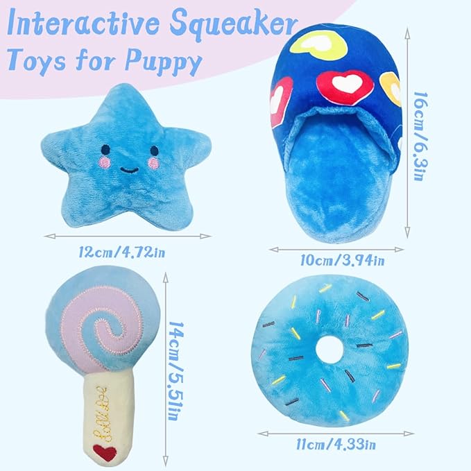 Dog Toys for Small Dogs, 4 Packs Cute Chew Toys for Puppy, Durable Soft Plush Interactive Small Dog Toys, Blue Stars Designs, Doggie Birthday Gifts