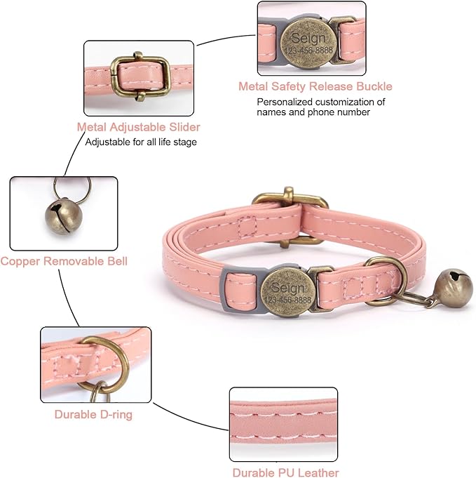 Cat Collar Breakaway, Personalized Leather Cat Collar with Bells-Adjustable Customized Collar with Name & Phone Number Tag for Girl Boy Cats -Quick Release Buckle for Cats & Kittens (Pink)