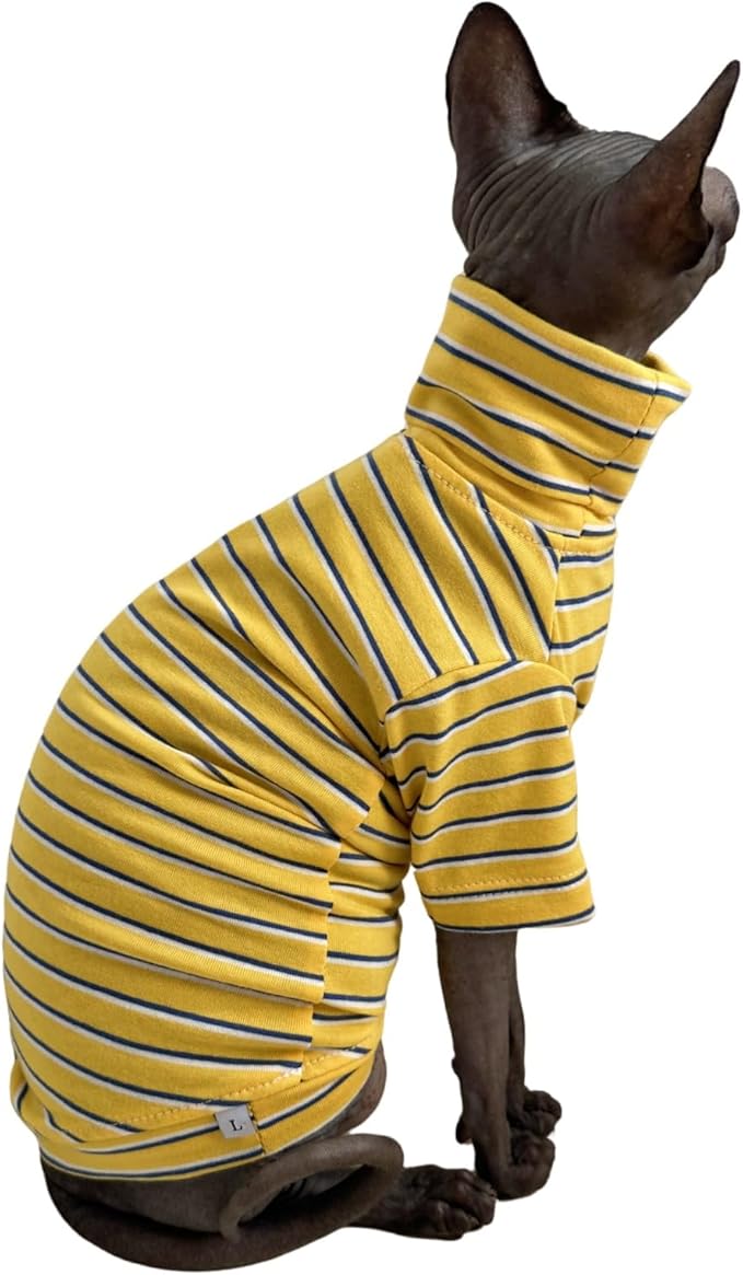 Vintage Stripes Sphynx Hairless Cats Shirt Cotton Cat Turtleneck Pet Clothes Kitten T-Shirts with Sleeves for Sphynx Cornish Rex, Devon Rex, Peterbald (Yellow Stripe, X-Large (Pack of 1))