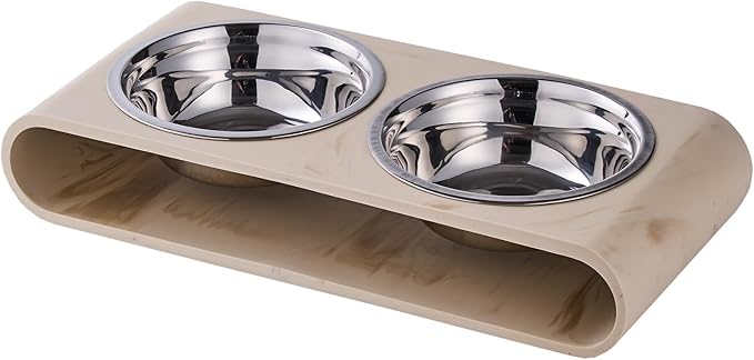 Beige Marble Elevated Dog Bowls Set - 2 Thick 6" Stainless Steel Puppy Food Bowl with Non-Slip Raised Holder Stand, Double Feeding Bowls for Food and Water, Suitable for Cats and Small Medium Pet