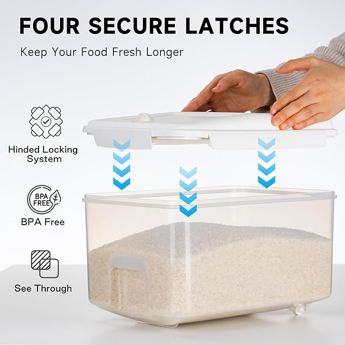 LivLab Mker Rice Storage Container 20 lbs - 15 lbs Airtight Flour Dispenser with Lids & wheel, BPA Free, kitchen organizers for Pet/Cat/Dog Food Storage Container (10 lbs), White