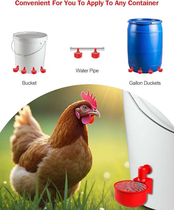Professional Chicken Waterer Cups, 30 Packs Large Automatic Poultry Water Feeder with Tee Fittings - Leakproof Design for Ducks, Chickens, Geese, Turkeys, Birds - Includes Mounting Hole Opener Tool