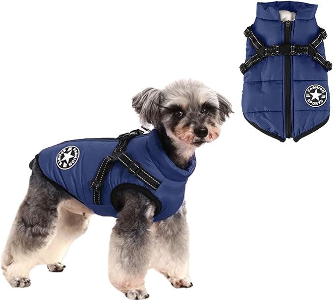 HDKUW Small Dog Jacket, Small Dog Coat Harness Winter Warm Vest Jacket Waterproof Cotton Costume for Puppy Small Dogs (S, Blue)