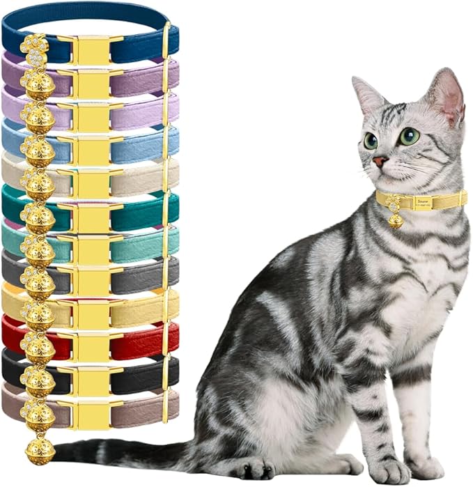 Personalized Breakaway Cat Collars - Magnetic Buckle, Bell - Safety Quick Release, Customized for Girls & Boys Cats- (Velvet-Yellow)