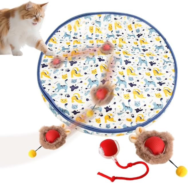 Interactive Cat Toys Ball - 2pcs Automatic Fast Rolling Ball in Play Mat, Hide and Seek Mouse Catching Game, Low-Noise Cat Enrichment Toys in Pouch for Indoor Bored Cats(Paw Print Pattern - Round)