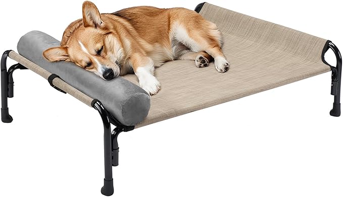Veehoo Medium Elevated Dog Bed, Outdoor Raised Dog Cot Hammock Bed with One-Sided Removable Headrest Bolster, Cooling Breathable Washable Teslin Mesh, Off Ground, Anti-Slip, M, CWC2204BCP