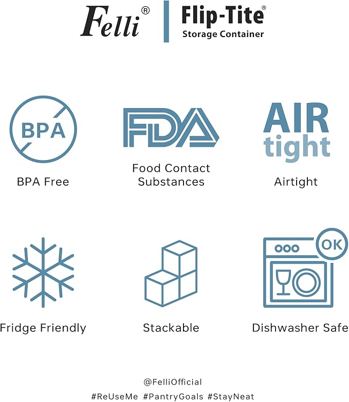 Felli Flip Tite Storage Container with Lid 4" RECTANGULAR Air Tight Ring Flip Top, Stackable Acrylic Canister for Kitchen Counter Pantry, Cereal Granola Pasta Spice, Christmas Gift (4pk, Variety)