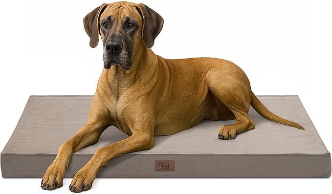 Outdoor Extra Large Dog Bed, Jumbo Waterproof Dog Bed for Large Dogs, Orthopedic Egg Foam Pet Bed Mat with Removable Oxford Cooling Cover, Khaki