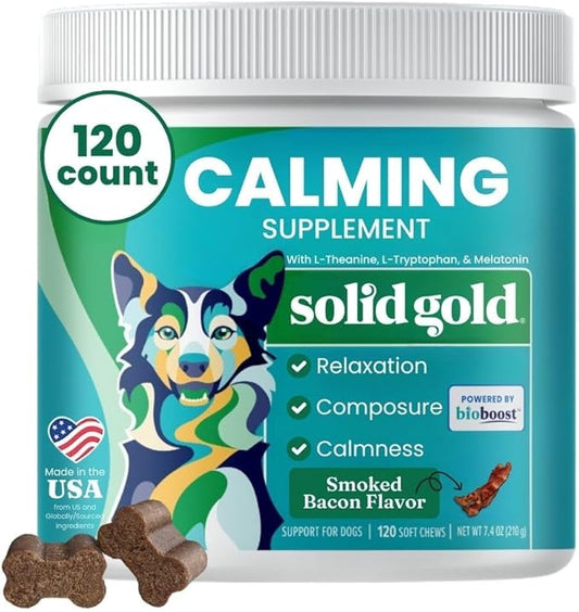 Solid Gold Calming Chews for Dogs - Dog Calming Chews w/Melatonin for Separation, Stress & Hyperactivity Relief - Supports Relaxation for Travel, Fireworks & Storms - All Ages & Sizes - Bacon 120ct