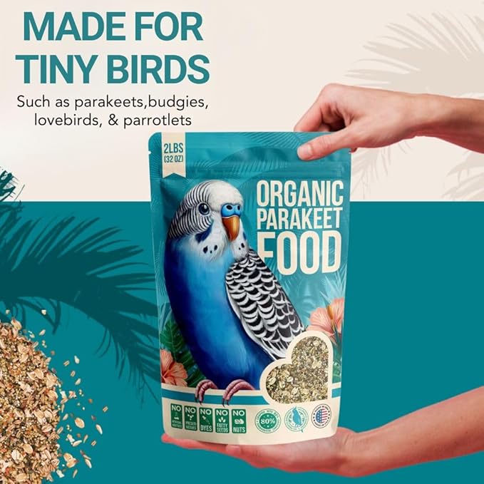 80% Organic Parakeet Food - No Fillers, Fatty Seeds, or Dyes - Budgies, Lovebirds & Parrotlets - Premium Human Grade Seed Mix, Grain & Wholesome Veggies – Made in USA (2 lbs)
