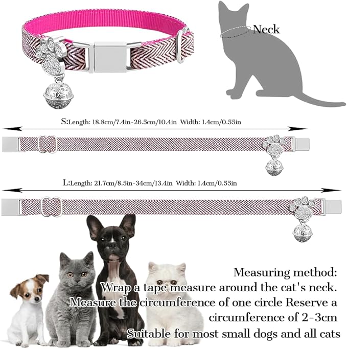 Personalized Breakaway Cat Collars - Magnetic Buckle, Bell - Safety Quick Release, Customized for Girls & Boys Cats- (Herringbone-Rose Red)
