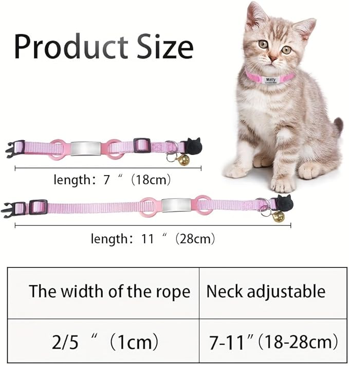 Personalized Engraved Cat Collar Multiple Colors with Slide-in Pet ID Tag Adjustable Detachable Design Colorful Nylon Soft and Durable 2/5" Wide，7"-11" Long (Colorful)
