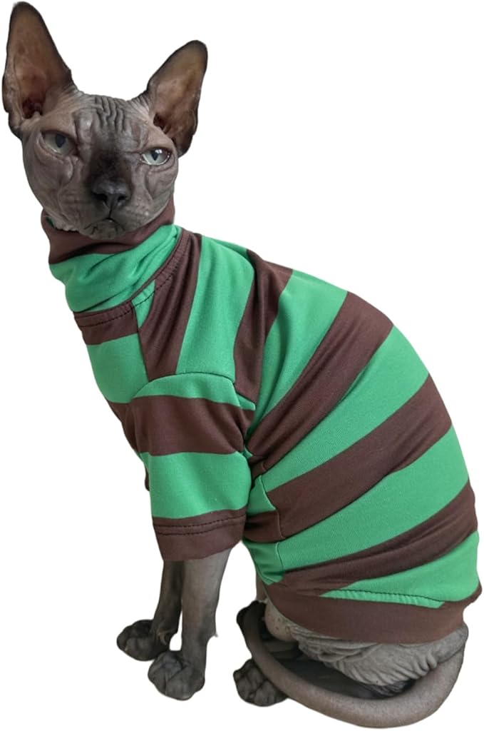 Vintage Stripes Sphynx Hairless Cats Shirt Cotton Cat Turtleneck Pet Clothes Kitten T-Shirts with Sleeves for Sphynx Cats (Wide Green Brown Stripe, Small)