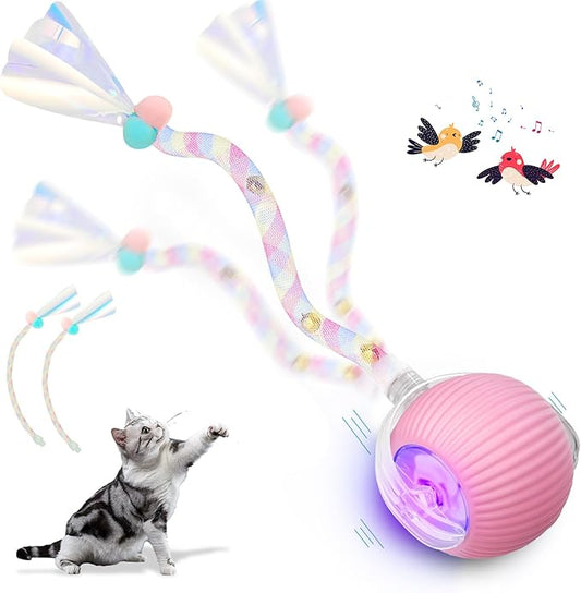 Interactive Cat Toys for Indoor Cats, Interactive Cat Ball Toy with Elastic Mesh Tail, Automatic Cat/Kitten Toys with Chirping & Motion Activate, Cat Toys for Bored Indoor (Pink)