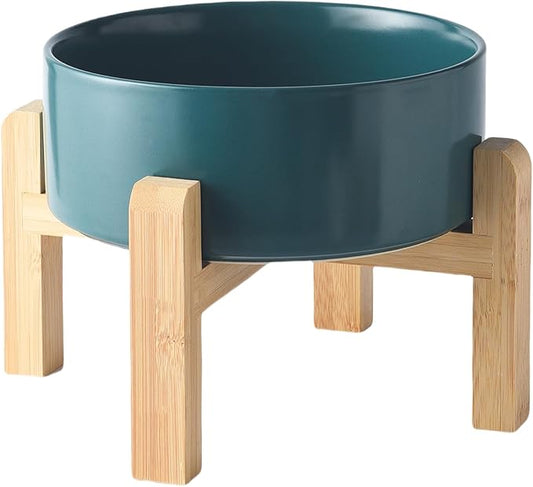 8'' Ceramic Raised Dog Bowl - 70Oz Dog Food & Water Bowl with Elevated Non-Slip Bamboo Stand, Dishwasher & Microwave Safe, Anti Vomiting Heavy Duty Pet Bowl for Medium and Large Dogs, Green