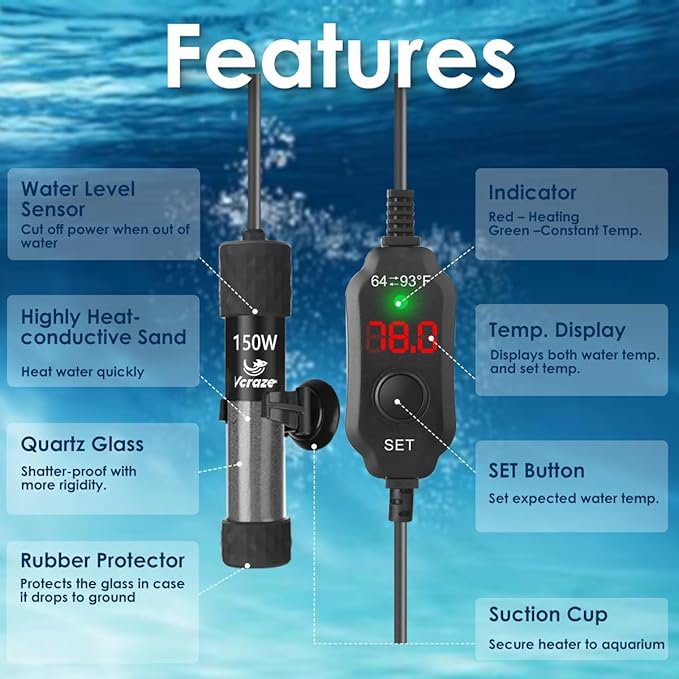 Super Compact 150W Fish Tank Heater, Submersible Aquarium Heater with LED Digital Display Thermostat, Adjustable Fish Heater for 15-30 Gallon Tanks
