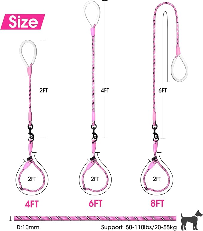 Detachable 2/5" Slip Lead, 4FT 6FT 8FT with Comfortable Silicone Handle Strong Rope Leash for Large Medium Small Dogs No Pull Highly Reflective Pet Training Leash (Pink-Black, 4FT)