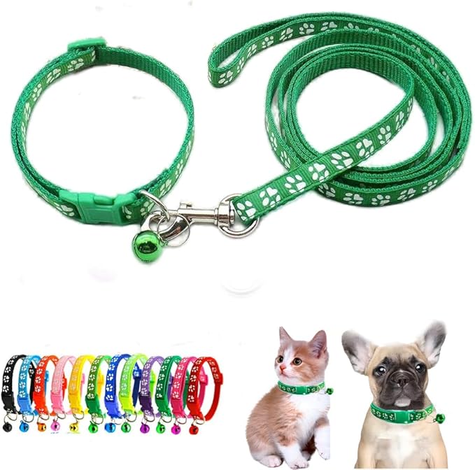 Dog Collar Puppy with Bell Leash Set,Nylon Basic Reflective Paw Print Cat Collars Boy for XXS Xs Small Pet Animal Litter Tiny Kitten,Dark Green