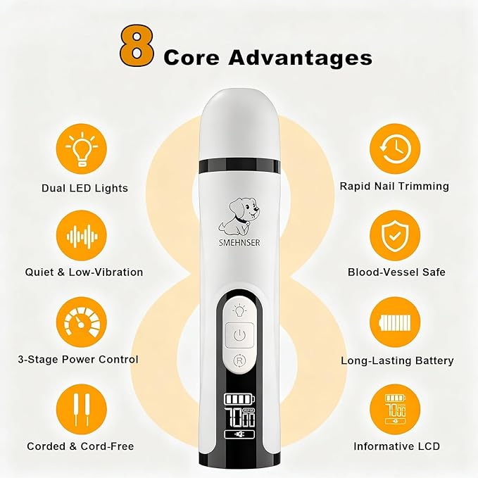 Silent Groom Pro, Dog Nail Grinder with LED Light, 3-Speed 7000-9000 RPM, 4 Diamond Bits & Adjustable Guard, Quick Blood Vessel Viewer, Safe Grinding for Dogs, Cats