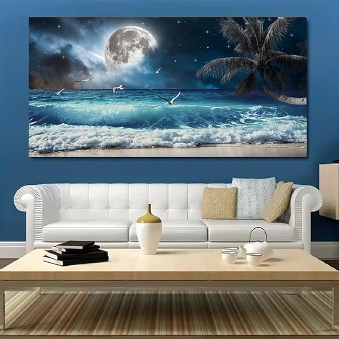Yxbhhym large Moon Ocean Wall Art Seascape Painting Sea Pictures Canvas Wave Blue Beach Artwork for Wall Landscape Poster Prints Palm Wall Decor Bedroom Living Room Decor Framed-24x48inches