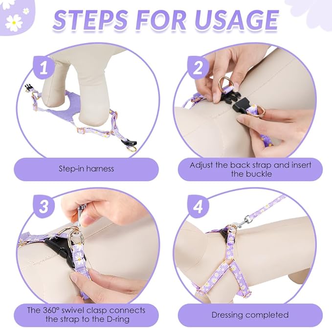 SlowTon No Pull Dog Harness with Leash - Soft Lightweight Floral Pattern Puppy Harness, Adjustable Pet Harnesses for Small Medium Dogs Doggie (Purple XS)