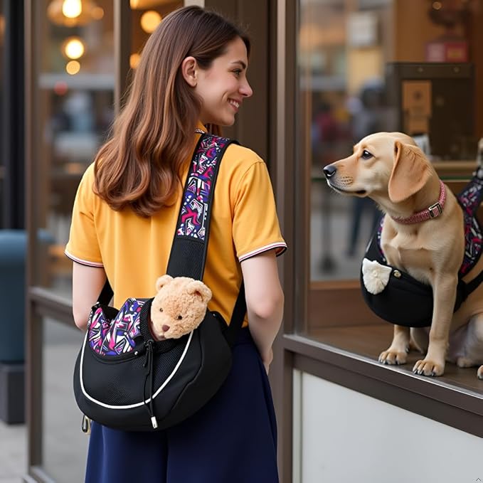 Pet Sling Carrier for Small Dogs & Cats, Mesh Travel Shoulder Bag, 10 lb Capacity, Adjustable Strap, Black with Geometric Pattern (Red camo, Medium)