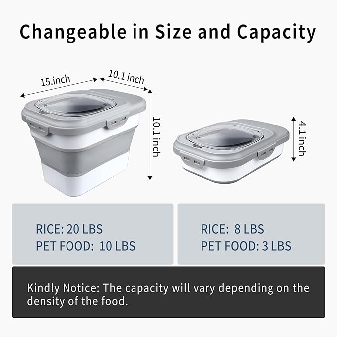 Rice Storage Container, Collapsible Airtight Food Storage Containers 6-20 Lbs, Rice Dispenser with Measuring Cup and Small Bin for Flour Cereal Pasta Grain, Cat Pet Dog Bird Food Container