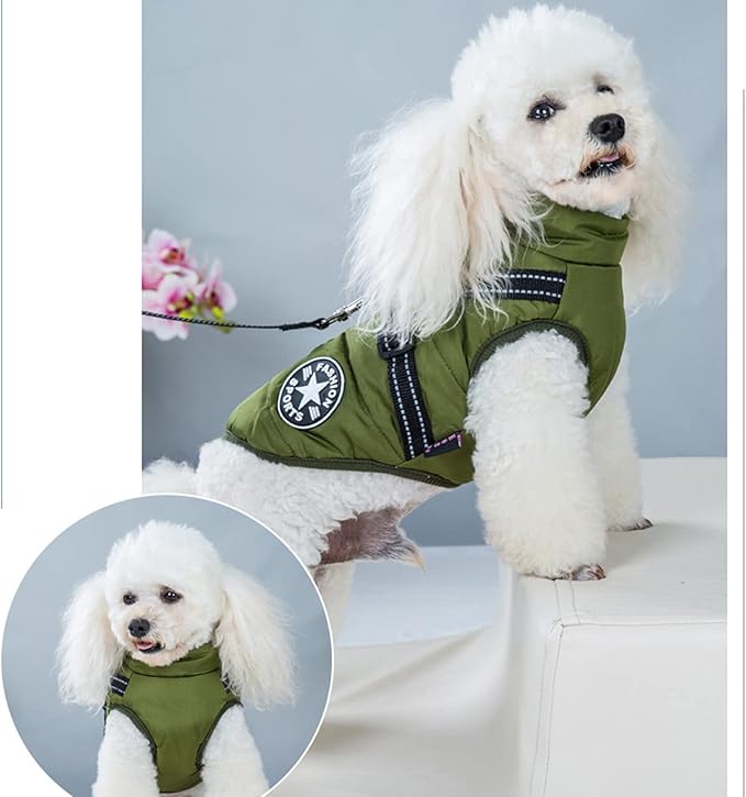 HDKUW Small Dog Jacket, Small Dog Coat Harness Winter Warm Vest Jacket Waterproof Cotton Costume for Puppy Small Dogs (M, Green)