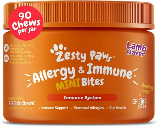 Zesty Paws Dog Allergy Relief Chews, Dog Probiotics for Itchy Skin and Ears, Lamb, Mini, 90ct