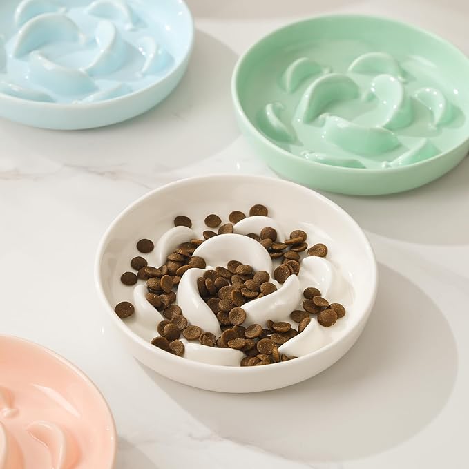 Ceramic Cat Slow Feeder Bowl - Pastel Series Cat Plate for Dry and Wet Food - Cute Maze Feeder Dish for Healthy Eating - Dishwasher Safe - 6.3''W x 1.2''H - 7 OZ - Ivory White