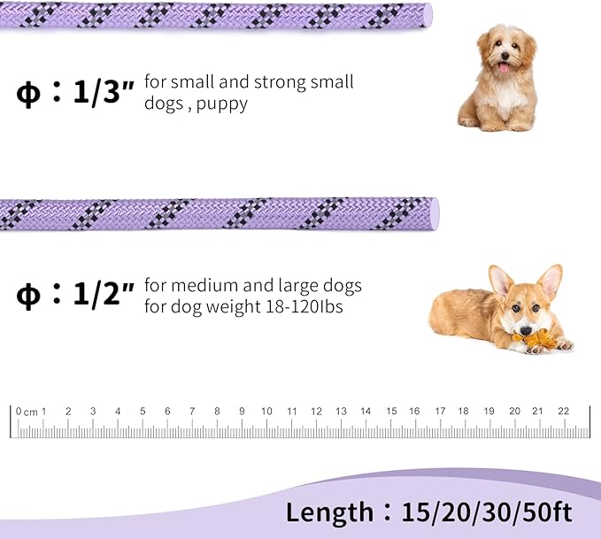 Long Dog Leash for Training 50Ft-Reflective Nylon Rope with Swivel Hook-Recall Agility Lead for Large Small Medium Dogs Outside Walking Hiking-Purple