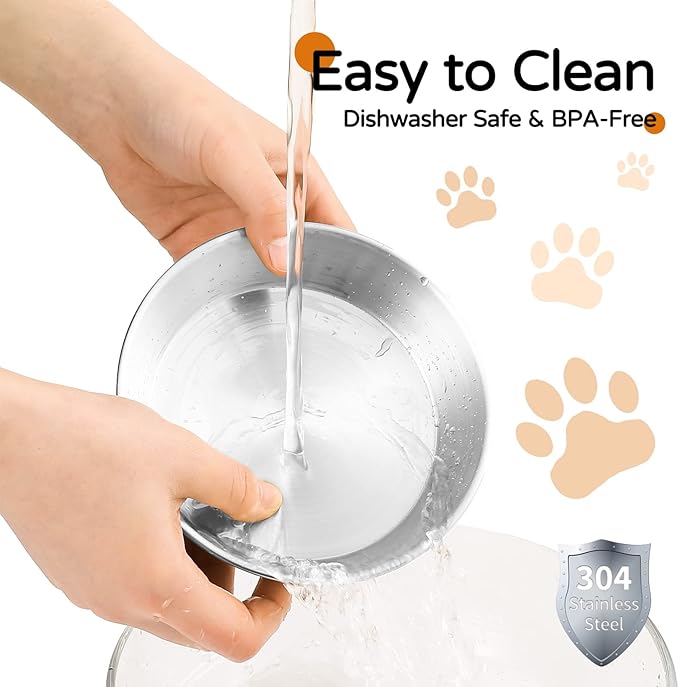 Cat Food Bowls, 2 Pcs Stainless Steel Cats Food and Water Whisker Fatigue Shallow Dishes, Small Dog Puppies Fat Faced Cat Kitten Supplies (2 Non-Slip Bowls with Stand)