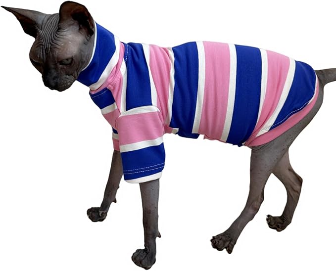 Vintage Stripes Sphynx Hairless Cats Shirt Cotton Cat Turtleneck Pet Clothes Kitten T-Shirts with Sleeves for Sphynx Cats (Wide Pink Blue Stripe, XX-Large)