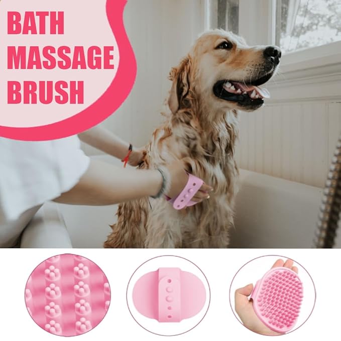 Dog Bath Brush Washing Kit - 5pcs Dog Grooming Washing Brush & Drying, Adjustable Handle Scrubber Massager Bathing Brush for Long & Short Haired Dogs, Scalp Scrubber Hair Bath Brush Set Pink