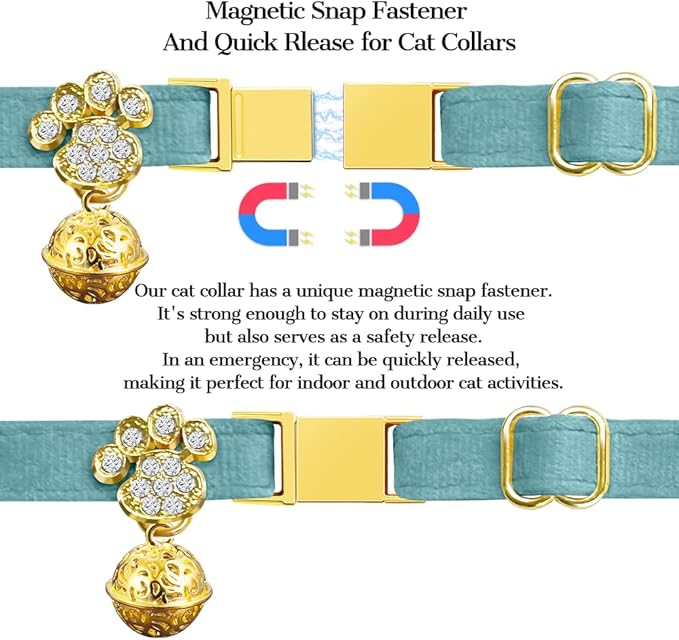Personalized Breakaway Cat Collars - Magnetic Buckle, Bell - Safety Quick Release, Customized for Girls & Boys Cats- (Velvet-Lake Blue)