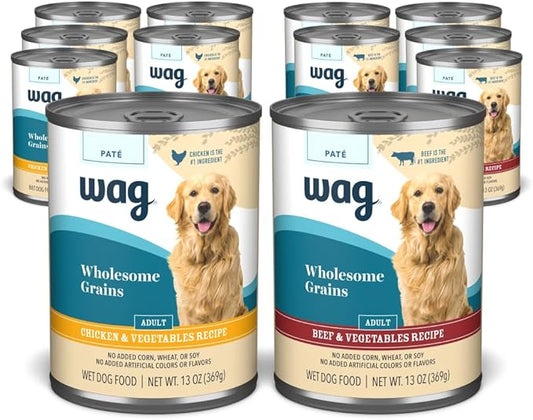 Amazon Brand - Wag Wholesome Grains Canned Wet Dog Food, Variety Pack (Chicken & Vegetables Paté and Beef & Vegetables Paté), Adult Recipe, 13 Ounce (Pack of 12)