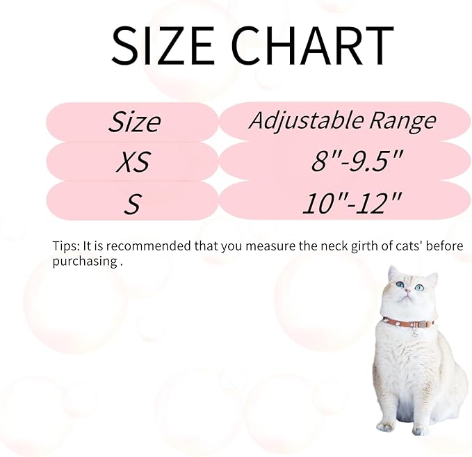 Spiked Cat Collar with Bells, Breakaway Genuine Leather Protective Collar for Kitty, Studs Spikes Punk Style Adjustable for Girl Boy Kittens Small Bunny Rabbit, 10"-12" Brown