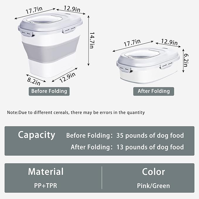 Cereal Rice Food Storage Containers, Collapsible 20 to 50 Lbs Dispenser Bin with Rolling Wheel Airtight Locking Lid, Dog Pet Cat Flour Sugar Plastic Leakproof Sealable Large Kitchen Pantry Holder
