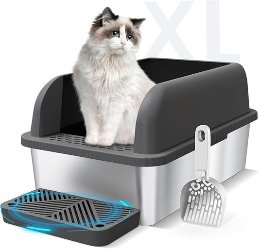 Stainless Steel Cat Litter Box with Enclosed Lid Extra Large Litter Box for Big Cats XL Metal Litter Tray Pan with High Sides Wall Enclosure, Easy Cleaning, Anti-Leakage, Non-Sticky (Charcoal Gray)