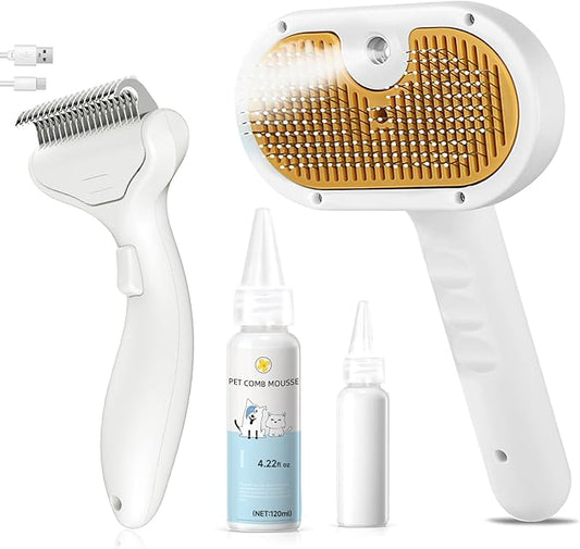 3-in-1 Pet Steam Brush Set for Dogs & Cats, Grooming Comb with Spray, Defur Tool, Water-Assisted Hair Removal, Spritz Brush, Multi-Purpose Kit, Undercoat Rake, Deshedding Brushes, Dematting Brush.