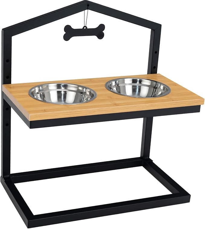 Giantex Elevated Dog Bowls Stand, 5 Adjustable Heights, 2 Stainless Steel Bowls, Non-Slip Metal Frame, Raised Pets Cats Feeding Station, Tall Dog Food Water Bowl Holder Stand (Natural & Black)