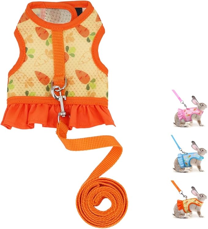 Bunny Harness and Leash,Proof Walking Escape Cute Floral Mesh Vest Breathable Rabbit Clothes for Bunnies, Hiking, Training for Ferret Kitten Puppy Small Rabbit Harness Orange L
