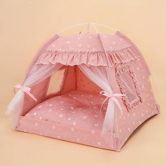 Cat Bed Tents Dog House Indoor Outdoor Lace Mesh Breathable Windows Door Curtains Removable Portable Nest Teepe House (Large,Pink(Ruffled Teim))