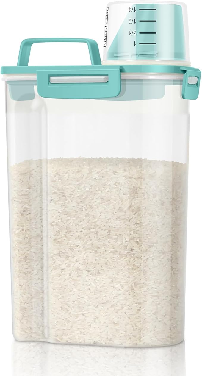 TBMax Rice Storage Container 3 to 5 Lbs - Small Pet Dog Cat Food Container Dispenser with Easy Pouring Spout & Cup, Portable Cereal Container for Small Spaces, Travel, or Daily Use -Cyan