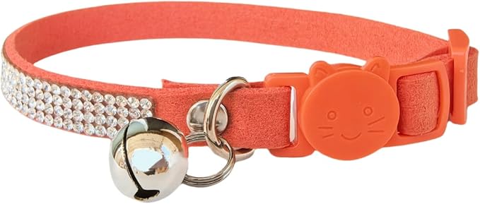 Rhinestone Cat Collar Breakaway Safety Buckle with Bell, Adjustable Diamond Girl Boy Kitty Cute Comfy Collar for Kitten Small Pets Rabbits, 7.5"-11" Orange