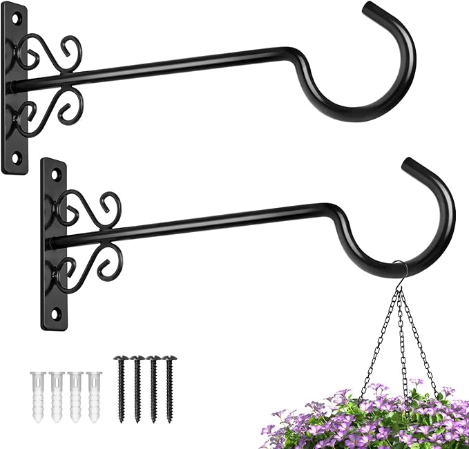 BOLITE Plant Hangers, 12 Inch Hanging Plant Brackets Outdoor or Indoor, Wall Hooks for Hanging Hummingbird Feeders, Bird Feeders, Planters, Lanterns, Wind Chimes, String Lights, 2 Pack, Black