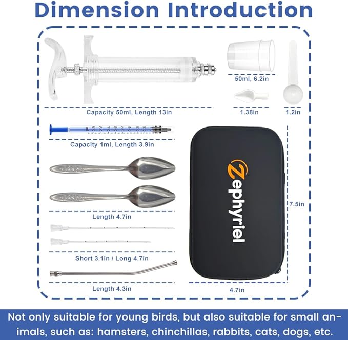 12 PCS Baby Bird Feeding Syringe Set with Storage Bag Professional Parrot Syringe Feeder Bird Hand Feeding Tubes Kit for Parakeets, Cockatiels, African & Amazon Grey Parrots, Cockatoos, Macaws