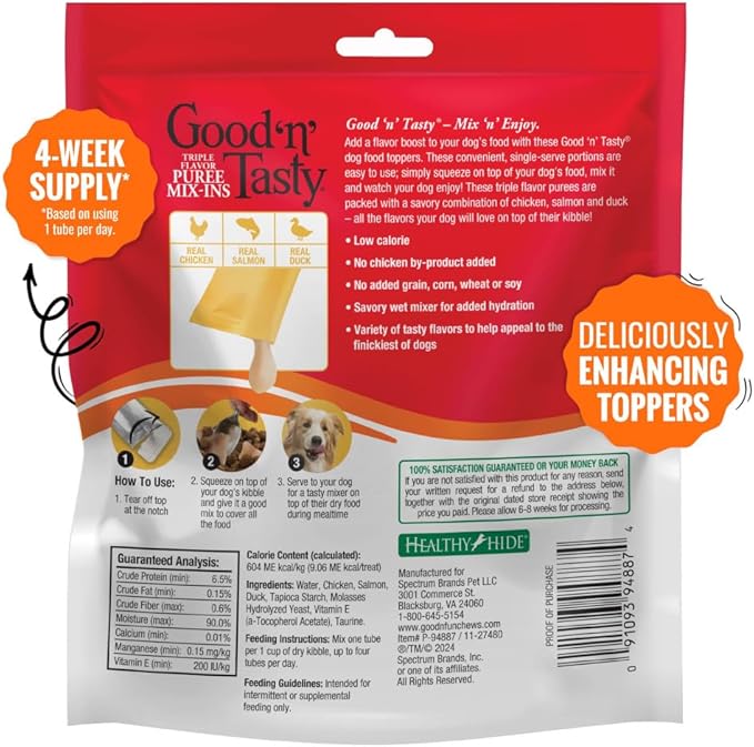 Good 'n' Tasty Triple Flavor Puree Mix-Ins Dog Food Topper Treats for All Dogs, 28 Count, Easy Single-Serve Portions, Added Protein with Chicken, Salmon and Duck