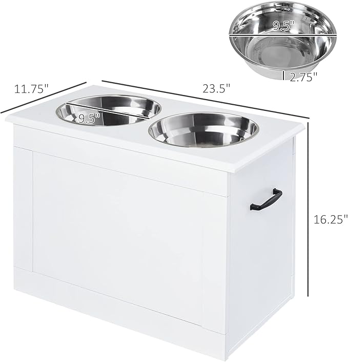 PawHut Raised Pet Feeding Storage Station with 2 Stainless Steel Bowls Base for Large Dogs and Other Large Pets, White