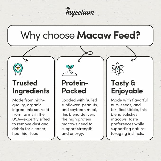 Mycelium Organic Macaw Bird Food (5 LB Bag) | Premium Seed, Pellet & Kibble Blend for Large Parrots | High-Protein, Digestive & Feather Support | Non-GMO, USA-Grown
